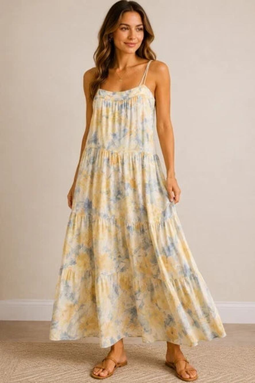Abercrombie & Fitch Medium Asymmetrical Tiered Maxi Dress Floral Linen Yellow